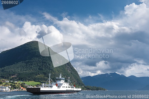 Image of Ferryboat cruising on Norwegian fjord