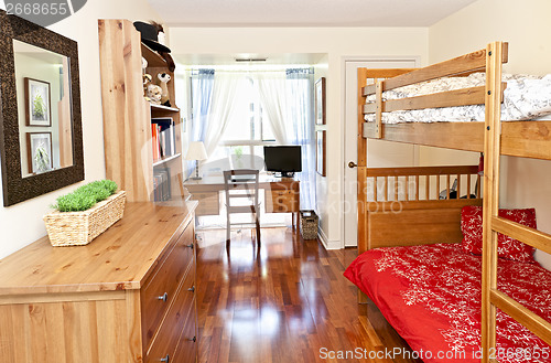 Image of Bedroom interior with hardwood floor
