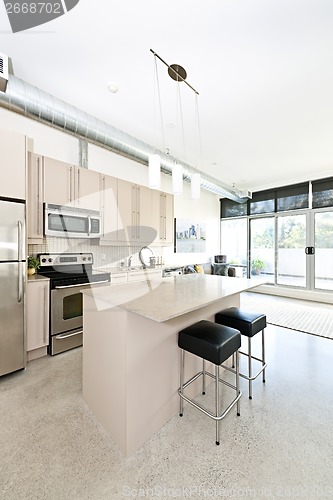 Image of Modern condo kitchen and living room