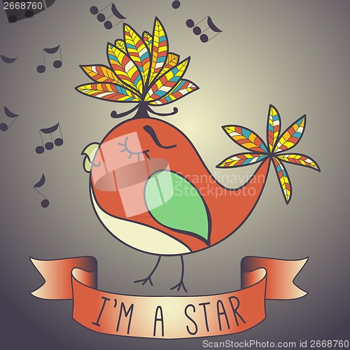 Image of Illustration sing bird. ribbon and slogan.