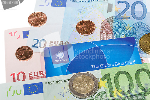 Image of Global Blue Tax Free card against Euro notes and Cent coins
