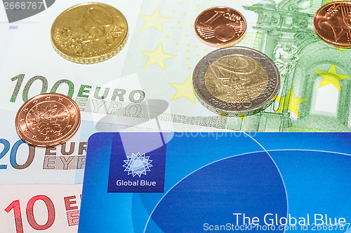 Image of European Euro bank notes Cent coins and Global Blue card