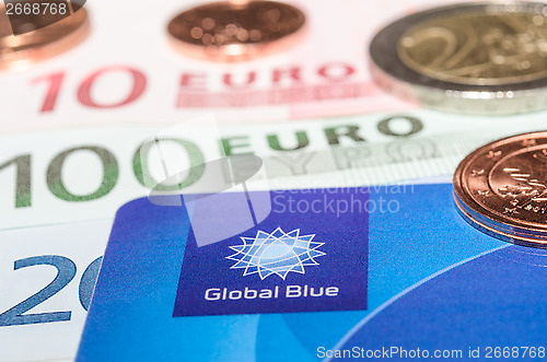 Image of Closeup Tax Free plastic card from company Global Blue banknotes