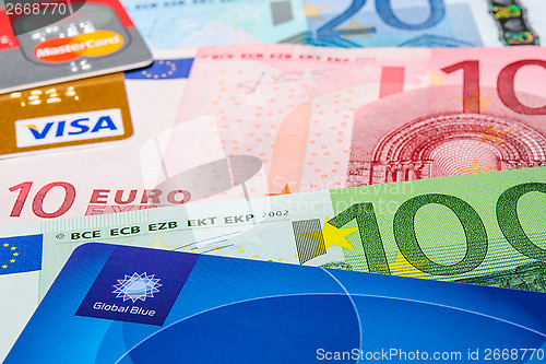 Image of Global Blue, Visa and MasterCard credit cards on Euro banknotes