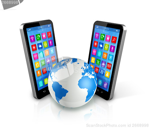 Image of Smartphones Around World Globe, Global Communication