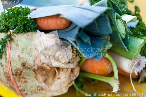 Image of fresh root vegetable carrot potatoes onion beet on market 