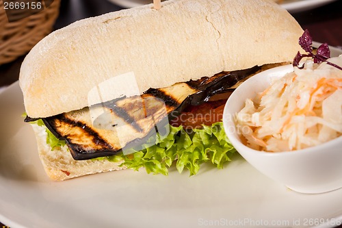 Image of delicious vegan vegetarian burger with grilled eggplant