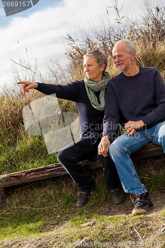 Image of happy senior couple relaxing together in the sunshine