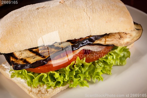 Image of delicious vegan vegetarian burger with grilled eggplant