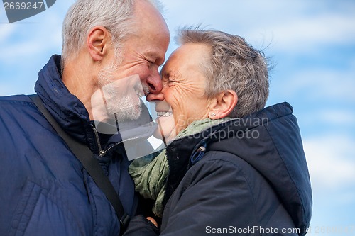 Image of Elderly couple embracing and celebrating the sun