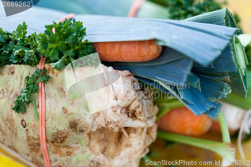 Image of fresh root vegetable carrot potatoes onion beet on market 