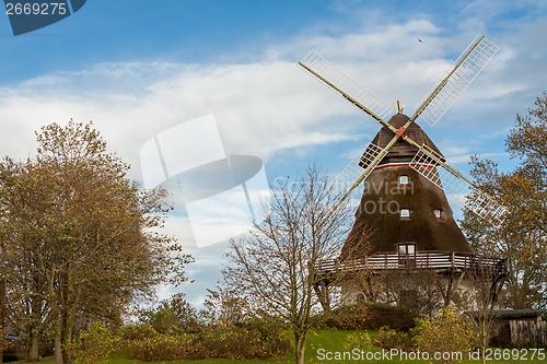 Image of Traditional wooden windmill in a lush garden