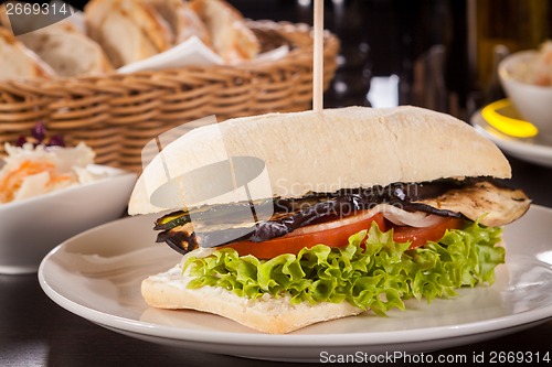 Image of delicious vegan vegetarian burger with grilled eggplant