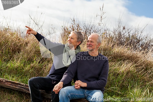 Image of happy senior couple relaxing together in the sunshine