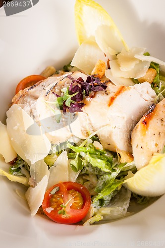 Image of tasty fresh caesar salad with grilled chicken and parmesan 