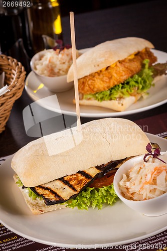 Image of delicious vegan vegetarian burger with grilled eggplant