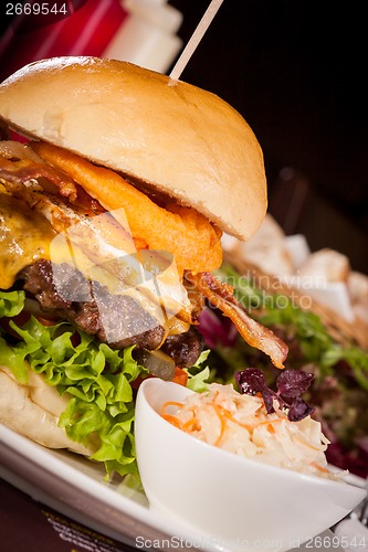 Image of Delicious egg and bacon cheeseburger