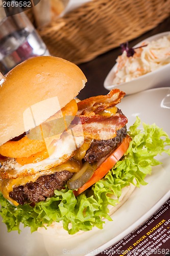 Image of Delicious egg and bacon cheeseburger