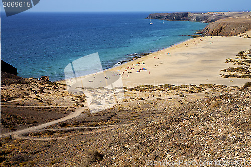 Image of in lanzarote spain rock stone sky cloud beach    spain boat yach