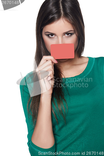 Image of Female peeking out of blank card