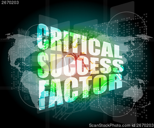 Image of critical success factor words on digital screen with world map