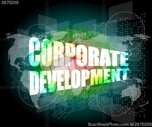 Image of corporate development words on digital screen with world map