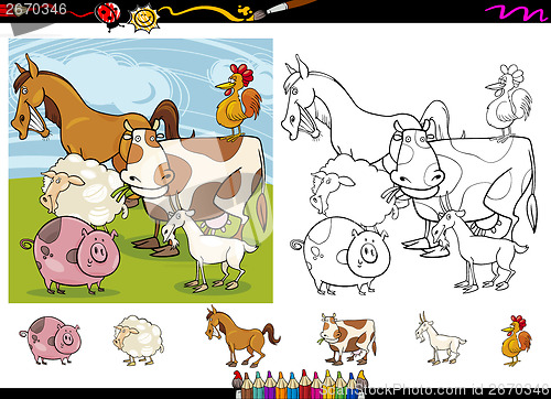 Image of farm animals cartoon coloring page set