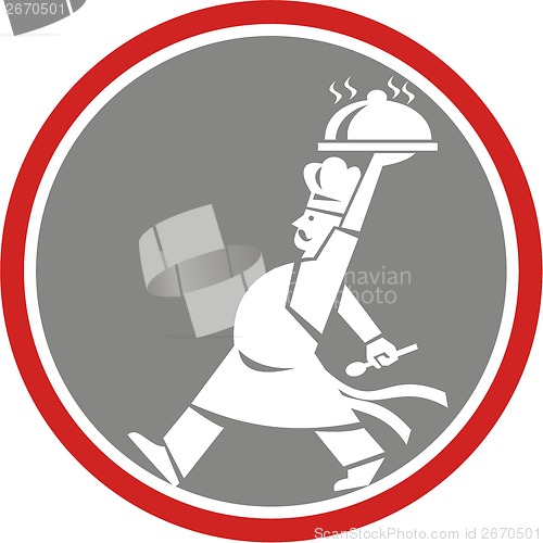 Image of Chef Cook Serving Food Platter Side Circle Retro