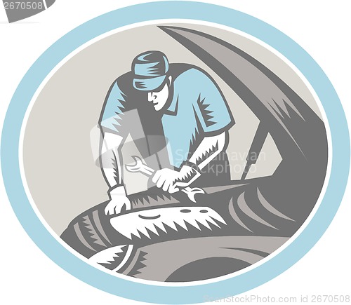 Image of Auto Mechanic Car Repair Woodcut Retro