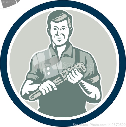 Image of Plumber Holding Monkey Wrench Circle Retro