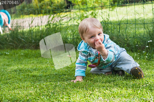 Image of Baby boy sitting on the grass