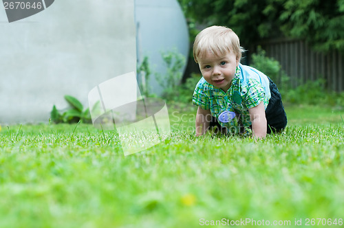 Image of Baby boy crawling on the grass