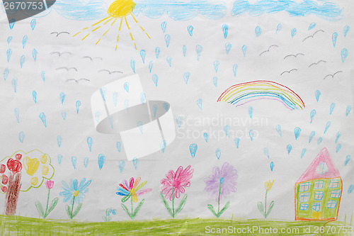 Image of Children's drawing of house flowers and rainbow