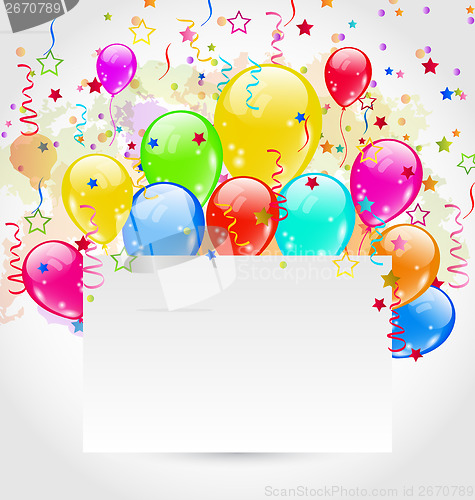 Image of Birthday card with multicolored balloons and confetti