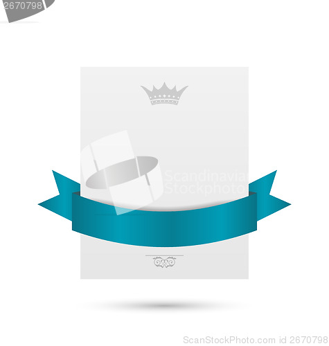 Image of Celebration card with blue ribbon isolated on white background