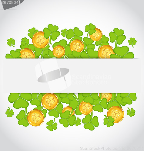 Image of Celebration card with clovers and golden coins for St. Patrick's