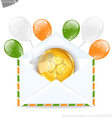 Image of Envelope with golden coin and colorful balloons for St. Patrick'