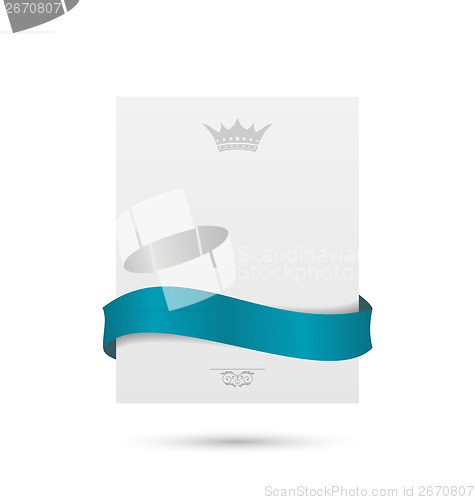 Image of White card with blue ribbon and crown for your holiday 