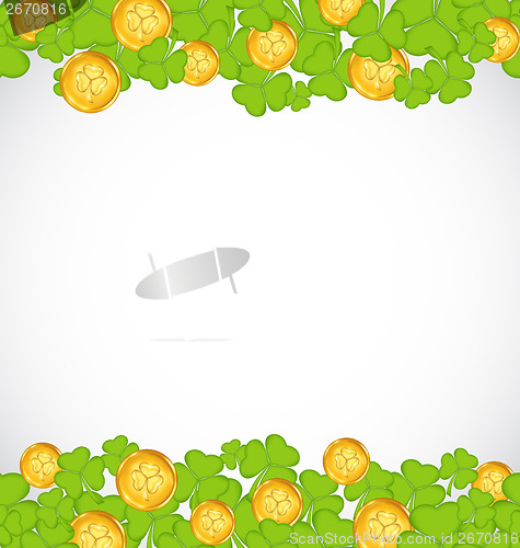 Image of Greeting background with shamrocks and golden coins for St. Patr