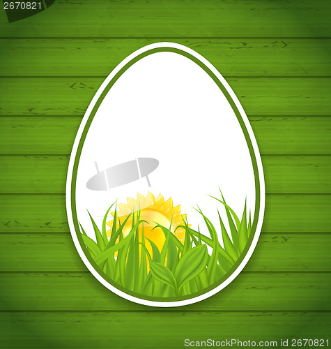 Image of Easter paper sticker eggs on wooden background