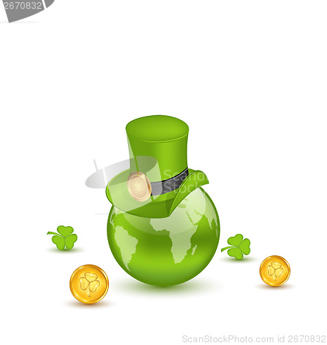 Image of Planet Earth with hat, clovers and coins in saint Patrick Day. I