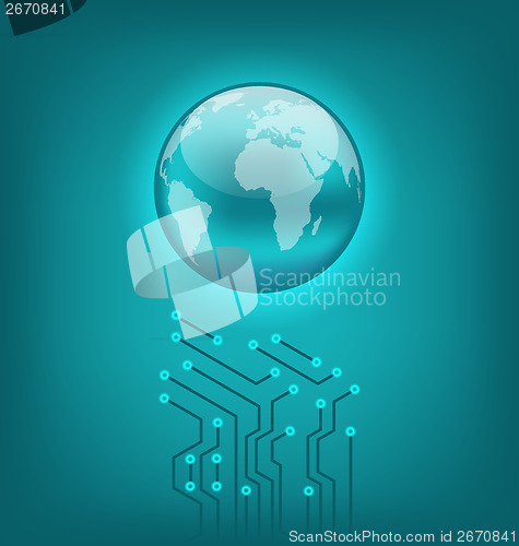 Image of Abstract background with circuit board and earth symbol