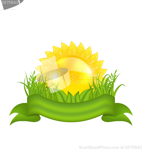 Image of Nature symbols -  sun, green leaves, grass, ribbon