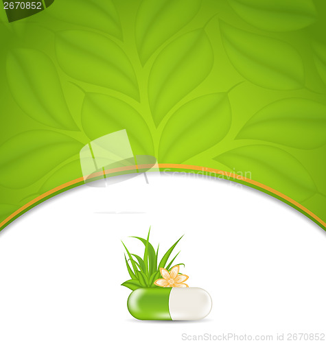Image of background for medical theme with green pill, flower, leaves, gr
