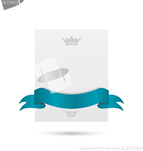 Image of Celebration card with blue ribbon and crown isolated on white ba