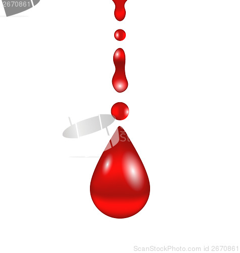 Image of Stream of blood falling down, isolated on white background