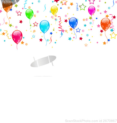 Image of Set party balloons, confetti with space for text 