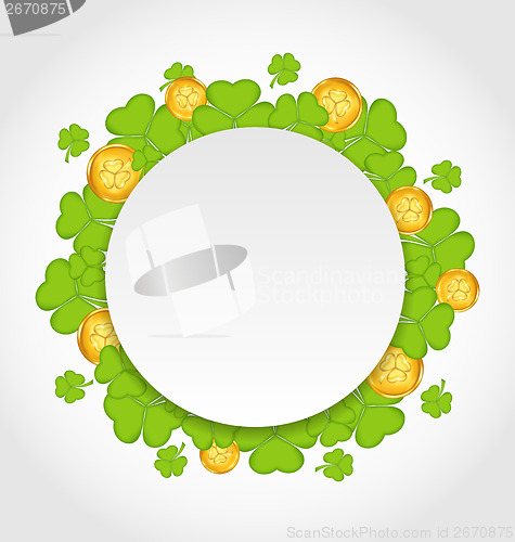 Image of Greeting card with shamrocks and golden coins for St. Patrick's 
