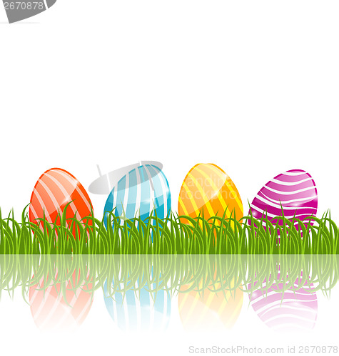 Image of Easter traditional eggs in green grass with empty space for your