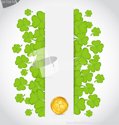 Image of Celebration card with clovers and golden coins for St. Patrick's